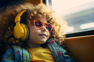 un niño hembra perdido en el mundo de música con auriculares. generativo por ai foto