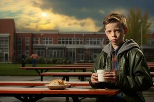 chico saboreando desayuno en un colegio ajuste. generativo por ai foto