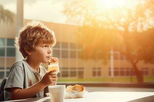 Boy Savoring Breakfast in a School Setting. Generative By Ai photo