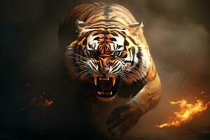 Tiger in Aggressive Sprint and Growl. Generative By Ai photo