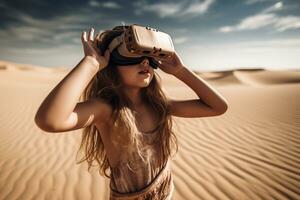 Immersive Experience of a Girl in the Desert. Generative By Ai photo