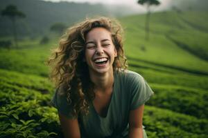 un muchachas la risa ecos en medio de un sereno té jardín. generativo por ai foto