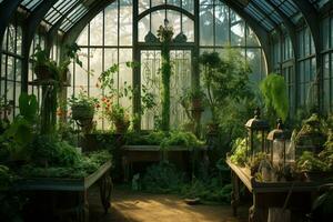 A Glimpse Inside a Greenhouse Teeming with Greenery. Generative By Ai photo