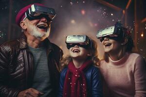 nieto y abuelos compartiendo alegría en vr lentes. generativo por ai foto