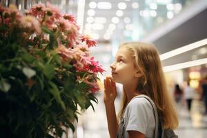 Girl and Flowers at Shopping Center. Generative By Ai photo