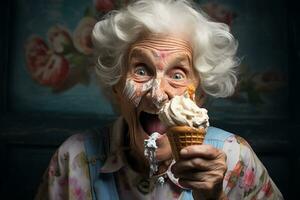 mayor mujer disfrutando hielo crema. generativo por ai foto