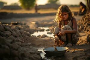 un rural muchachas serenidad mientras Bebiendo limpiar agua. generativo por ai foto