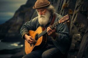 Elderly Guitarist's Scenic Performance. Generative By Ai photo