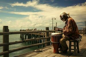 antiguo del hombre tambores por el playa muelle. generativo por ai foto