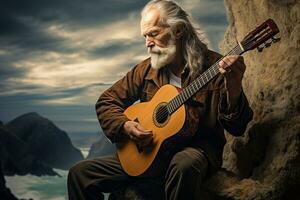 Elderly Guitarist's Scenic Performance. Generative By Ai photo