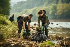 Dedicated Volunteers Cleaning Up Nature. Generative By Ai photo