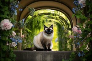 Graceful Siamese Cat in Garden Setting. Generative By Ai photo