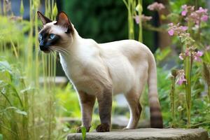 agraciado siamés gato en jardín ajuste. generativo por ai foto