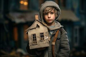 Homeless Boy Holding a Cardboard House. Generative By Ai photo