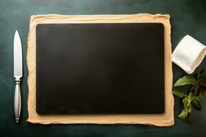 High-Angle View of a Blank Chalkboard and Silver Knife. Generative By Ai photo