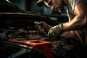 Mechanic Holding Wrenches While Working on a Car. Generative By Ai photo