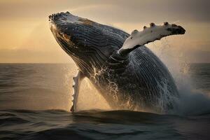 jorobado ballena saltos fuera de el agua. generativo por ai foto