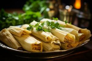 hecho en casa maíz y pollo tamales un culinario tradición. generativo por ai foto