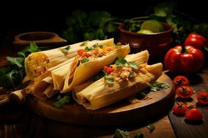 hecho en casa maíz y pollo tamales un culinario tradición. generativo por ai foto