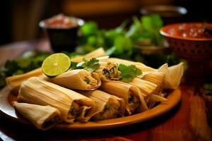 hecho en casa maíz y pollo tamales un culinario tradición. generativo por ai foto