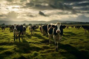 vacas pasto en el verde campos de un prado. generativo por ai foto