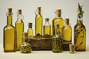 Set of Olive Oil in Bottles with Olives. Generative By Ai photo