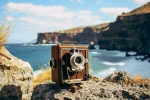 Vintage Camera Adventures in Santorini. Generative By Ai photo