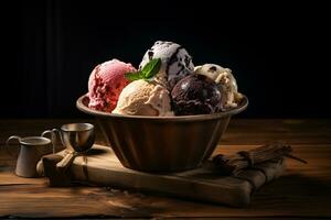 saboreando helado sabores en un rústico de madera mesa. generativo por ai foto