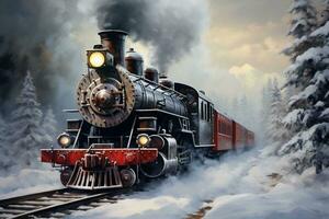 Vintage Steam Train in a Snow scape. Generative By Ai photo