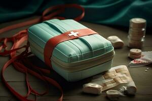 First Aid Kit Concept with Medical Bandages. Generative By Ai photo