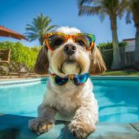 Groovy Dog by the Pool in Sunglasses. Generative By Ai photo