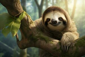 Cute Sloth Hanging Out in the Rainforest. Generative By Ai photo