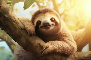 Cute Sloth Hanging Out in the Rainforest. Generative By Ai photo