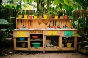 Mud Kitchen in the Tropical Preschool Garden. Generative By Ai photo