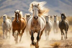 corriendo caballos con largo melenas en el desierto. generativo por ai foto