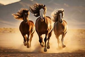 corriendo caballos con largo melenas en el desierto. generativo por ai foto