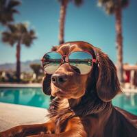 Groovy Dog by the Pool in Sunglasses. Generative By Ai photo