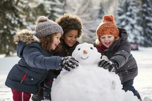 Group of Kids Building a Snowman. Generative By Ai photo