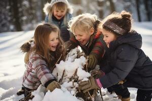 Group of Kids Building a Snowman. Generative By Ai photo