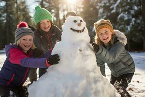 Group of Kids Building a Snowman. Generative By Ai photo