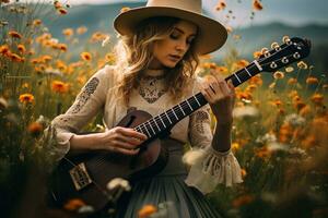 femenino mujer jugando banjo en flor silvestre. generativo por ai foto