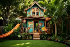 Kids' Cubby House in an Australian Backyard. Generative By Ai photo