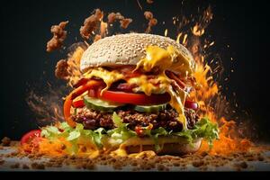 Exploding Spicy Burger Sandwich. Generative By Ai photo