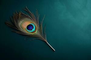 Single Peacock Feather in a Stunning Flat Lay. Generative By Ai photo