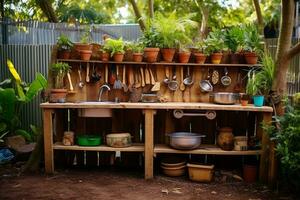 Mud Kitchen in the Tropical Preschool Garden. Generative By Ai photo