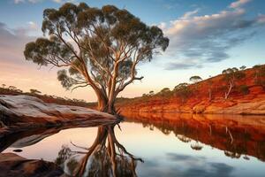 grande goma árbol reflejado en agua. generativo por ai foto