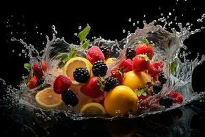 frutas salpicaduras profundo dentro agua. generativo por ai foto