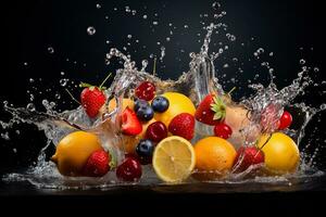 Fruits Splashing Deep into Water. Generative By Ai photo