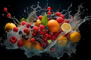 frutas salpicaduras profundo dentro agua. generativo por ai foto