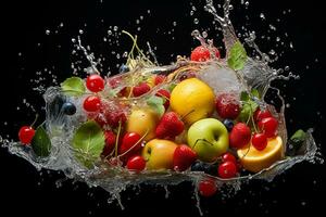 Fruits Splashing Deep into Water. Generative By Ai photo